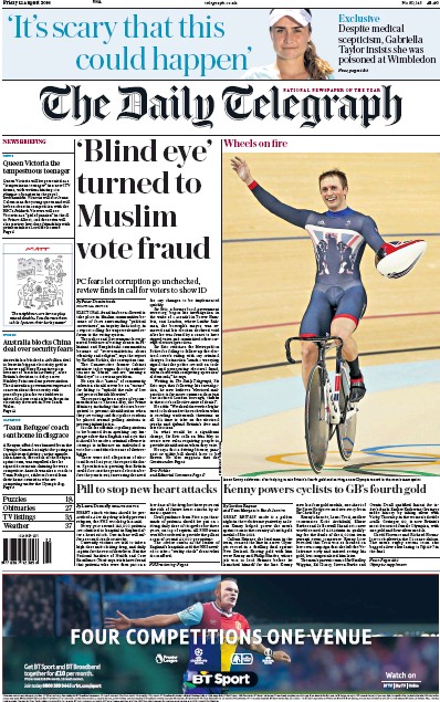 The Daily Telegraph Newspaper Front Page for 12 August 2016