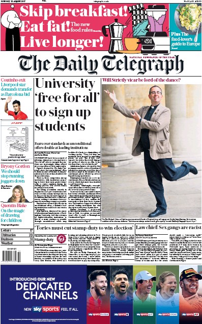The Daily Telegraph Newspaper Front Page for 12 August 2017