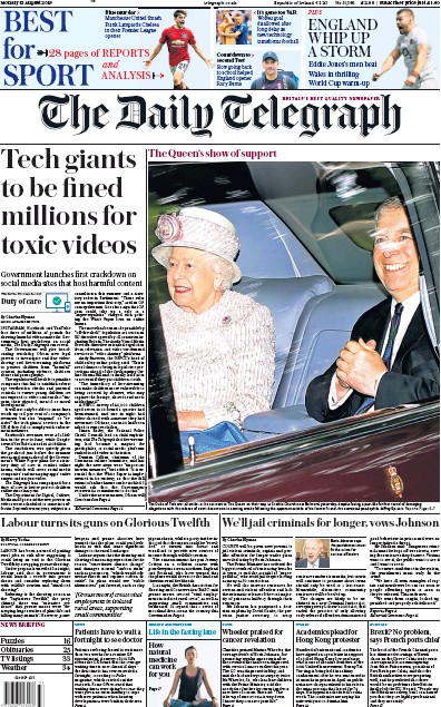 The Daily Telegraph Newspaper Front Page for 12 August 2019