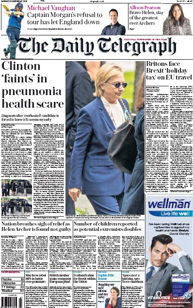 The Daily Telegraph Newspaper Front Page for 12 September 2016