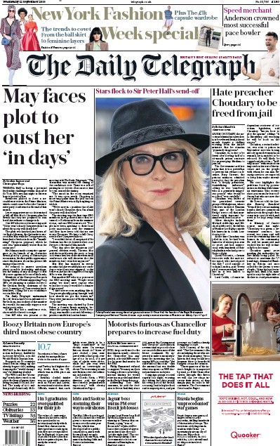 The Daily Telegraph Newspaper Front Page for 12 September 2018