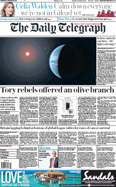 The Daily Telegraph Newspaper Front Page for 12 September 2019