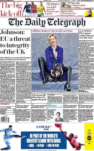 The Daily Telegraph Newspaper Front Page for 12 September 2020