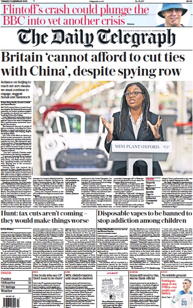 The Daily Telegraph (UK) Newspaper Front Page for 12 September 2023
