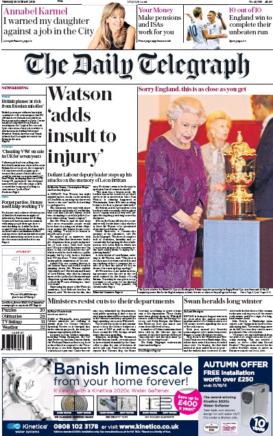 The Daily Telegraph Newspaper Front Page for 13 October 2015