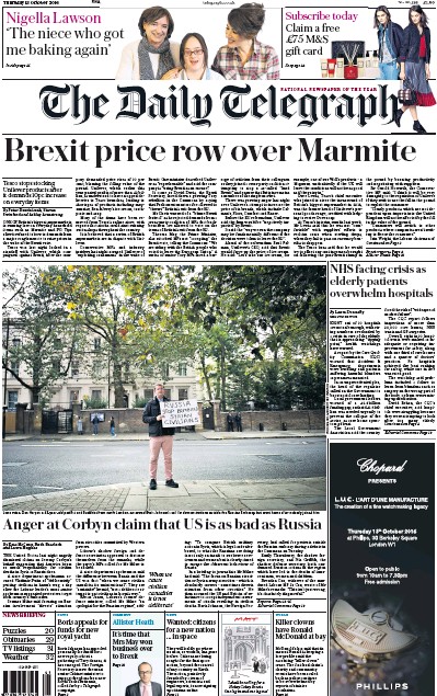 The Daily Telegraph Newspaper Front Page for 13 October 2016