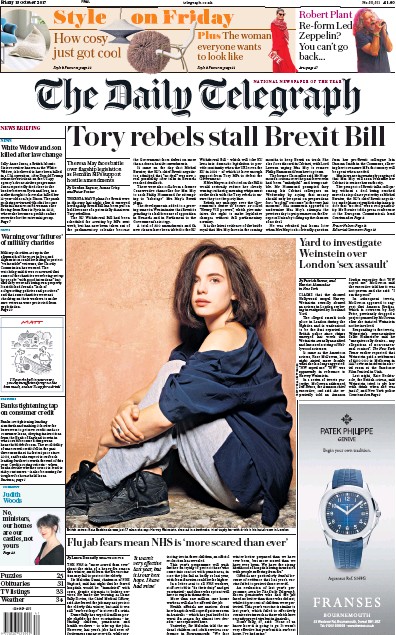 The Daily Telegraph Newspaper Front Page for 13 October 2017