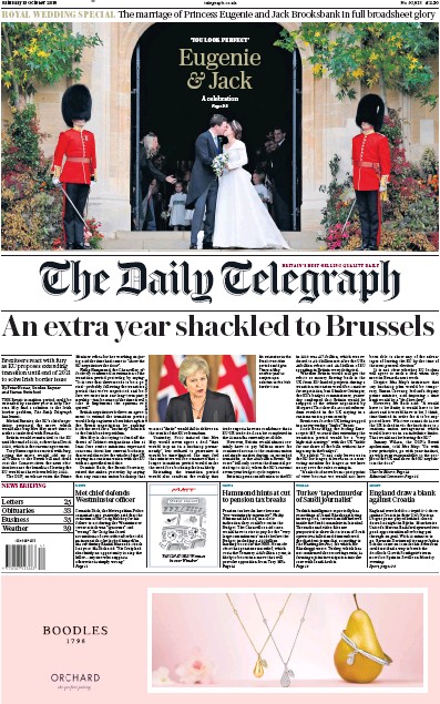 The Daily Telegraph Newspaper Front Page for 13 October 2018