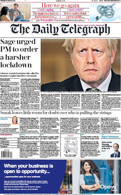The Daily Telegraph Newspaper Front Page for 13 October 2020