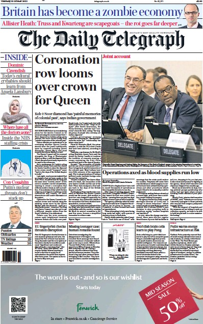 The Daily Telegraph Newspaper Front Page for 13 October 2022