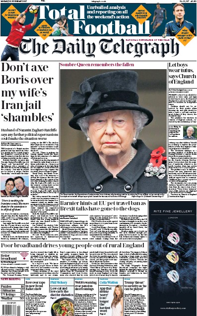 The Daily Telegraph Newspaper Front Page for 13 November 2017