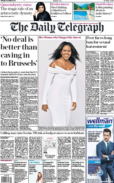 The Daily Telegraph Newspaper Front Page for 13 November 2018