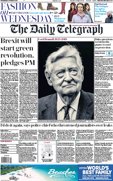 The Daily Telegraph (UK) Newspaper Front Page for 13 November 2019