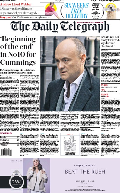 The Daily Telegraph Newspaper Front Page for 13 November 2020