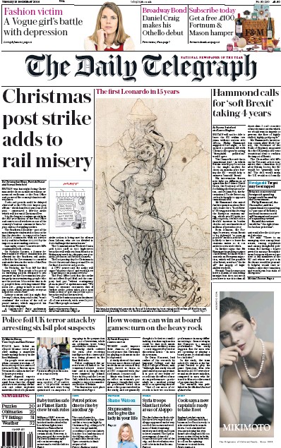 The Daily Telegraph Newspaper Front Page for 13 December 2016