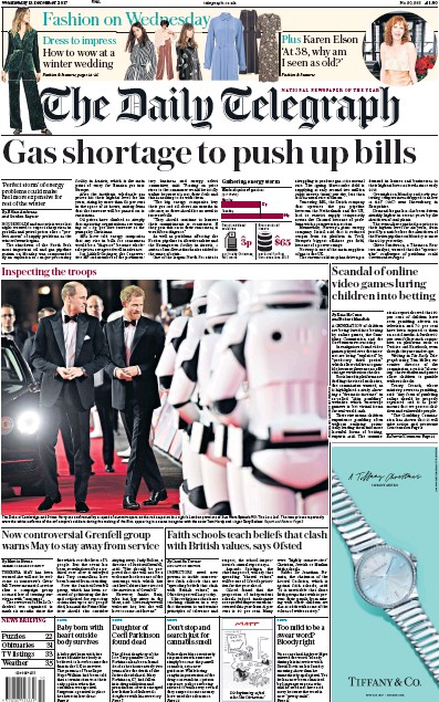 The Daily Telegraph Newspaper Front Page for 13 December 2017