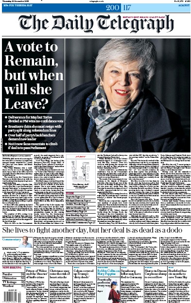 The Daily Telegraph Newspaper Front Page for 13 December 2018
