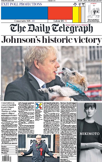 The Daily Telegraph Newspaper Front Page for 13 December 2019