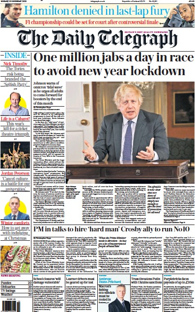 The Daily Telegraph (UK) Newspaper Front Page for 13 December 2021