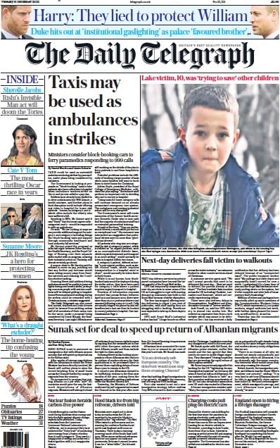 The Daily Telegraph Newspaper Front Page for 13 December 2022