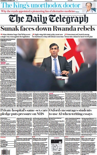 The Daily Telegraph Newspaper Front Page for 13 December 2023