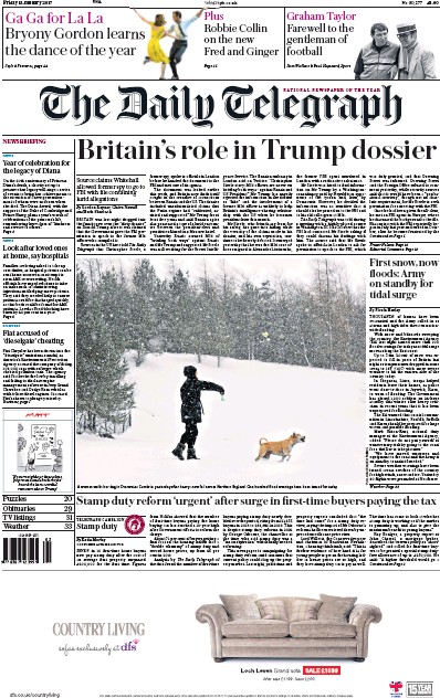 The Daily Telegraph (UK) Newspaper Front Page for 13 January 2017