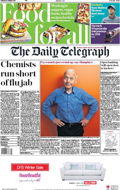 The Daily Telegraph Newspaper Front Page for 13 January 2018