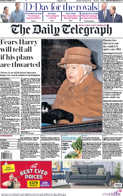 The Daily Telegraph Newspaper Front Page for 13 January 2020