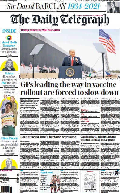 The Daily Telegraph Newspaper Front Page for 13 January 2021