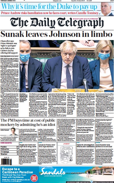 The Daily Telegraph (UK) Newspaper Front Page for 13 January 2022