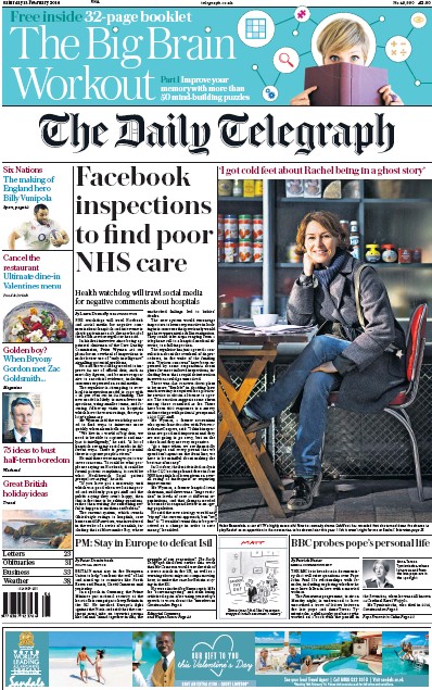 The Daily Telegraph Newspaper Front Page for 13 February 2016