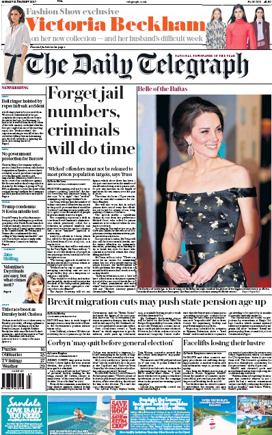 The Daily Telegraph (UK) Newspaper Front Page for 13 February 2017