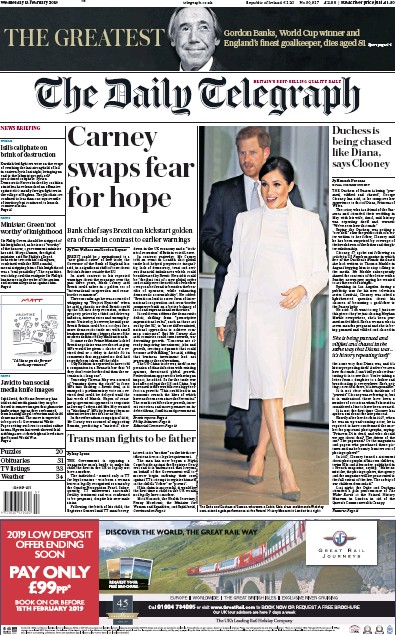 The Daily Telegraph (UK) Newspaper Front Page for 13 February 2019