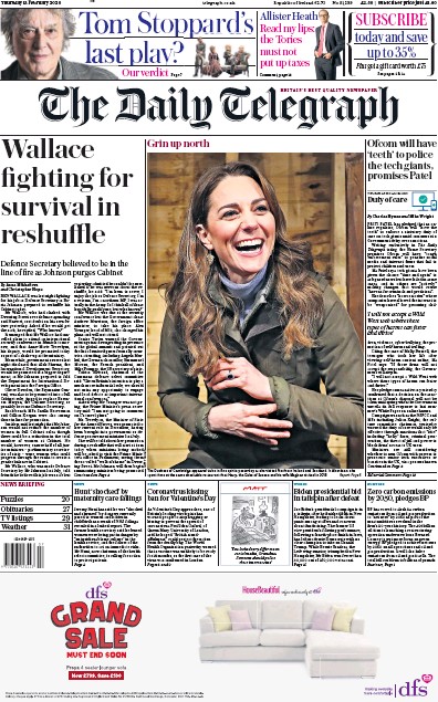 The Daily Telegraph Newspaper Front Page for 13 February 2020