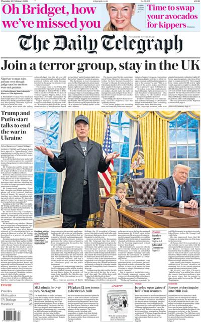The Daily Telegraph (UK) Newspaper Front Page for 13 February 2025