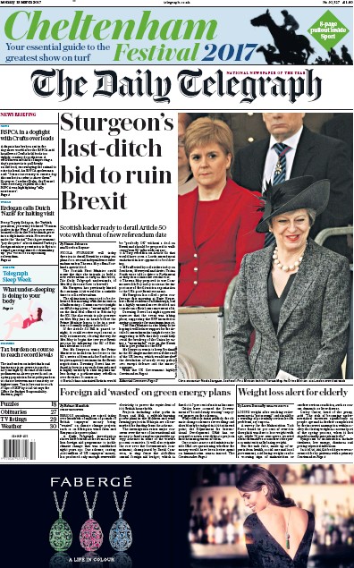 The Daily Telegraph Newspaper Front Page for 13 March 2017