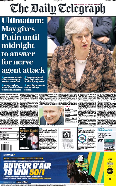 The Daily Telegraph Newspaper Front Page for 13 March 2018