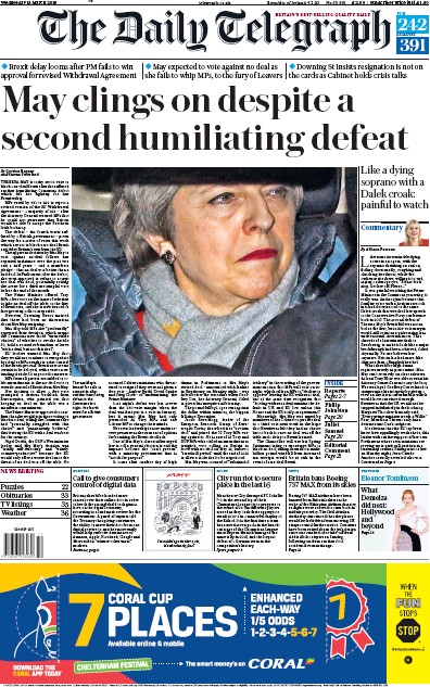 The Daily Telegraph (UK) Newspaper Front Page for 13 March 2019
