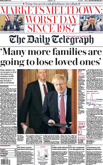 The Daily Telegraph Newspaper Front Page for 13 March 2020