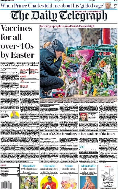 The Daily Telegraph (UK) Newspaper Front Page for 13 March 2021
