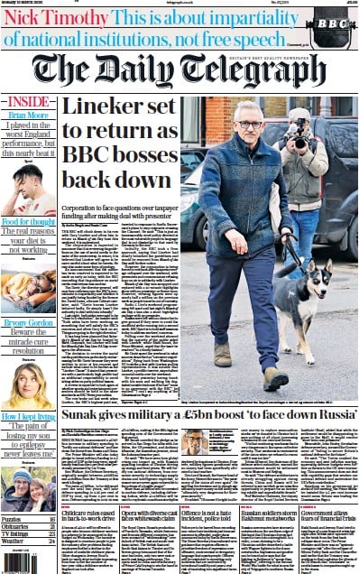 The Daily Telegraph (UK) Newspaper Front Page for 13 March 2023