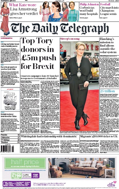 The Daily Telegraph Newspaper Front Page for 13 April 2016