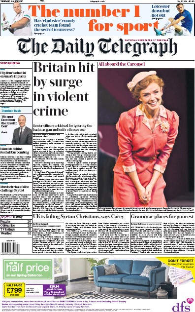 The Daily Telegraph Newspaper Front Page for 13 April 2017