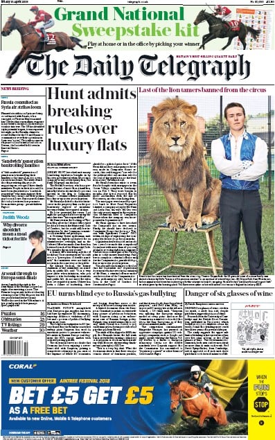 The Daily Telegraph (UK) Newspaper Front Page for 13 April 2018
