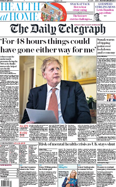 The Daily Telegraph Newspaper Front Page for 13 April 2020