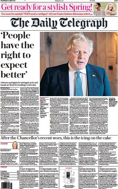 The Daily Telegraph Newspaper Front Page for 13 April 2022