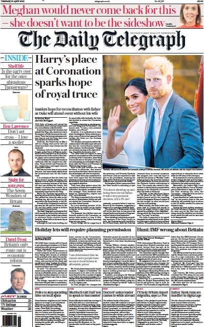 The Daily Telegraph (UK) Newspaper Front Page for 13 April 2023