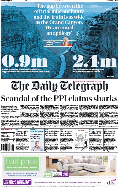 The Daily Telegraph Newspaper Front Page for 13 May 2016