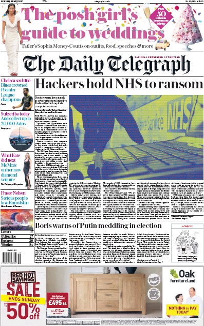 The Daily Telegraph Newspaper Front Page for 13 May 2017
