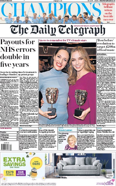 The Daily Telegraph Newspaper Front Page for 13 May 2019